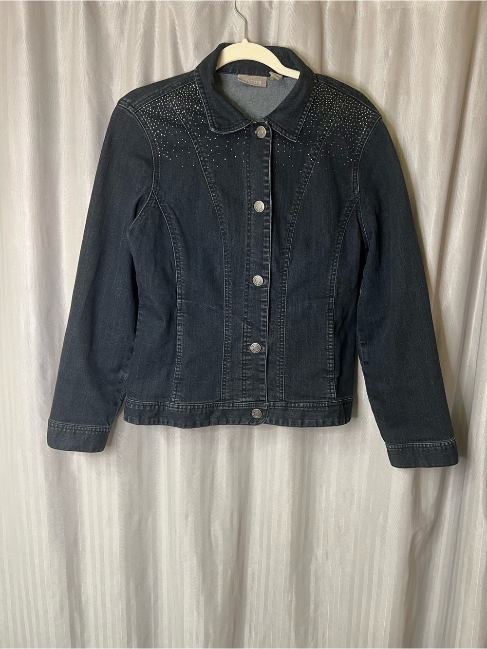 Chico's dark blue Denim Jacket with embellished shoulders and pockets size 1